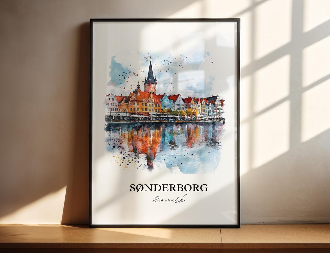 Sonderborg Denmark Harbor Church Spire Reflection Watercolor Poster