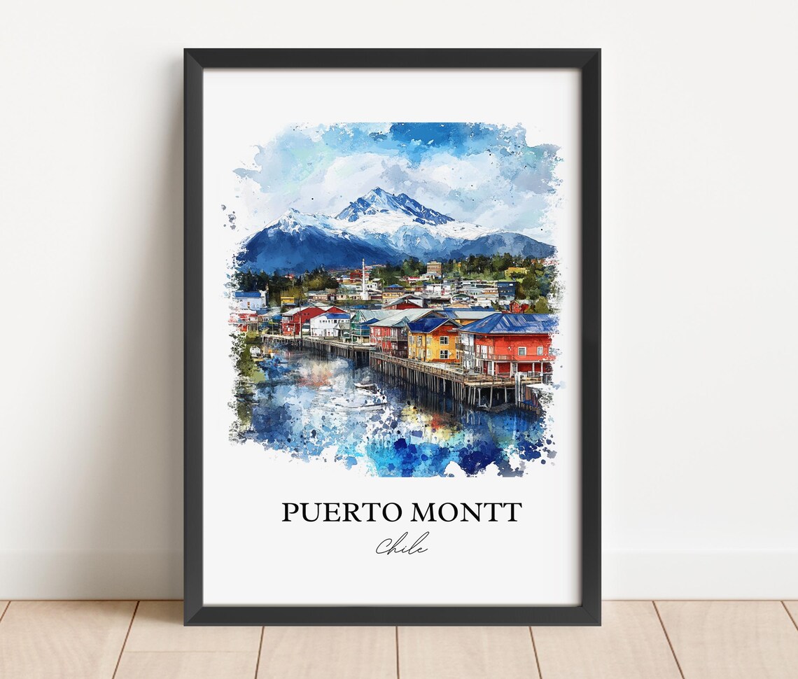 Puerto Montt Chile Watercolor Stilt Houses Snow Mountain Poster - Image 5