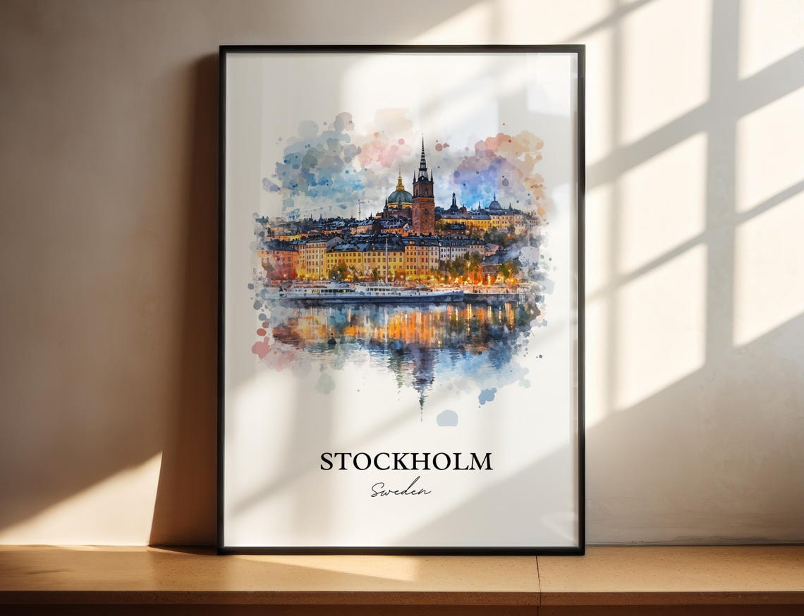 Stockholm Sweden Night Harbor Gamla Stan Watercolor City Poster