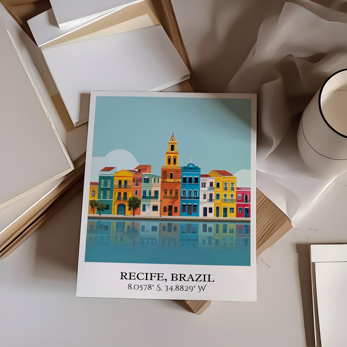 Recife Brazil Colorful Waterfront Street Bell Tower Travel Poster - Image 3