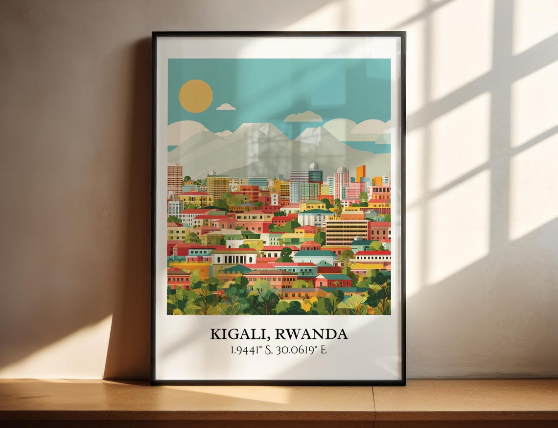 Kigali Rwanda Hillside City Skyline Sunrise Retro Travel Poster