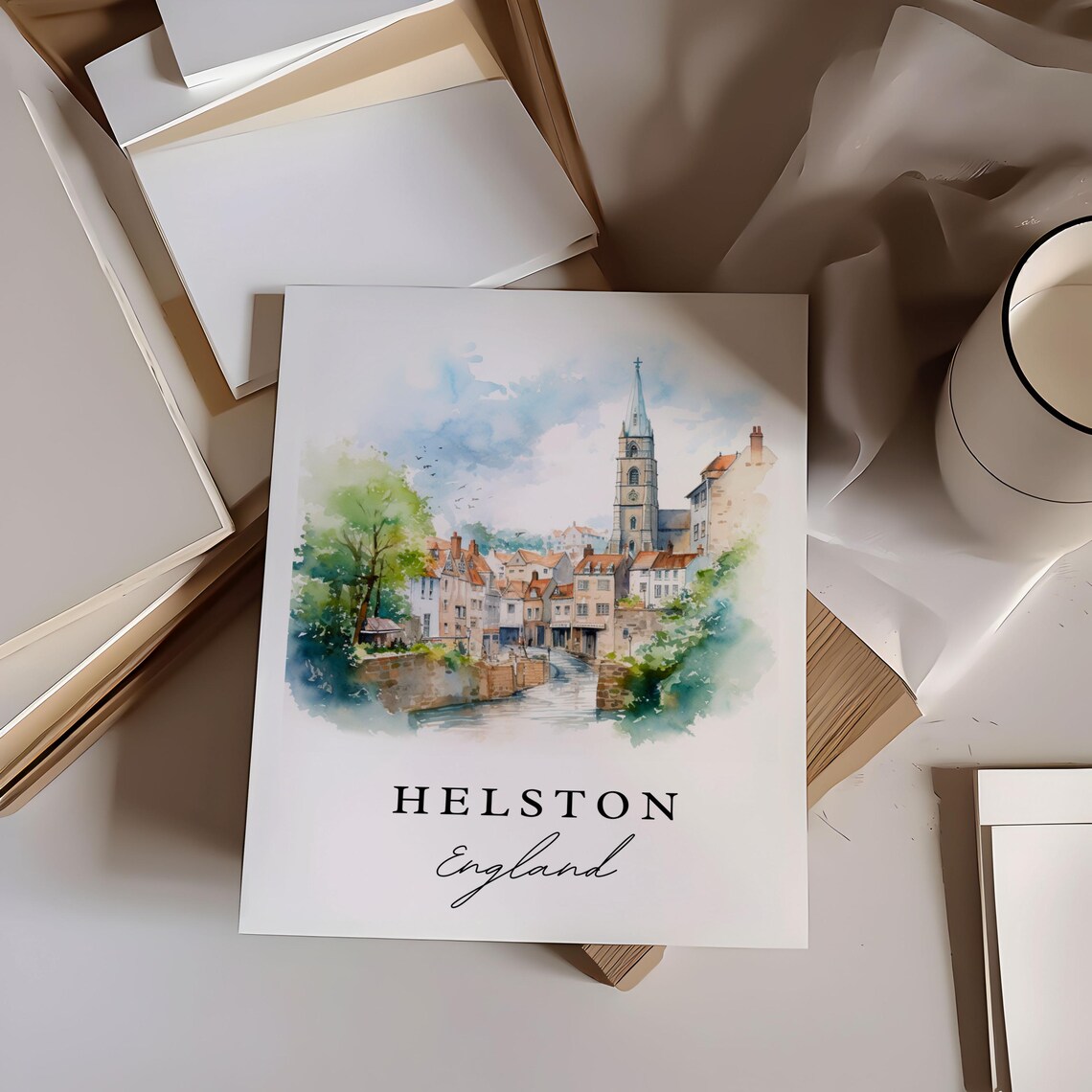 Helston England Riverside Church Spire Watercolor Town Scene Poster - Image 6