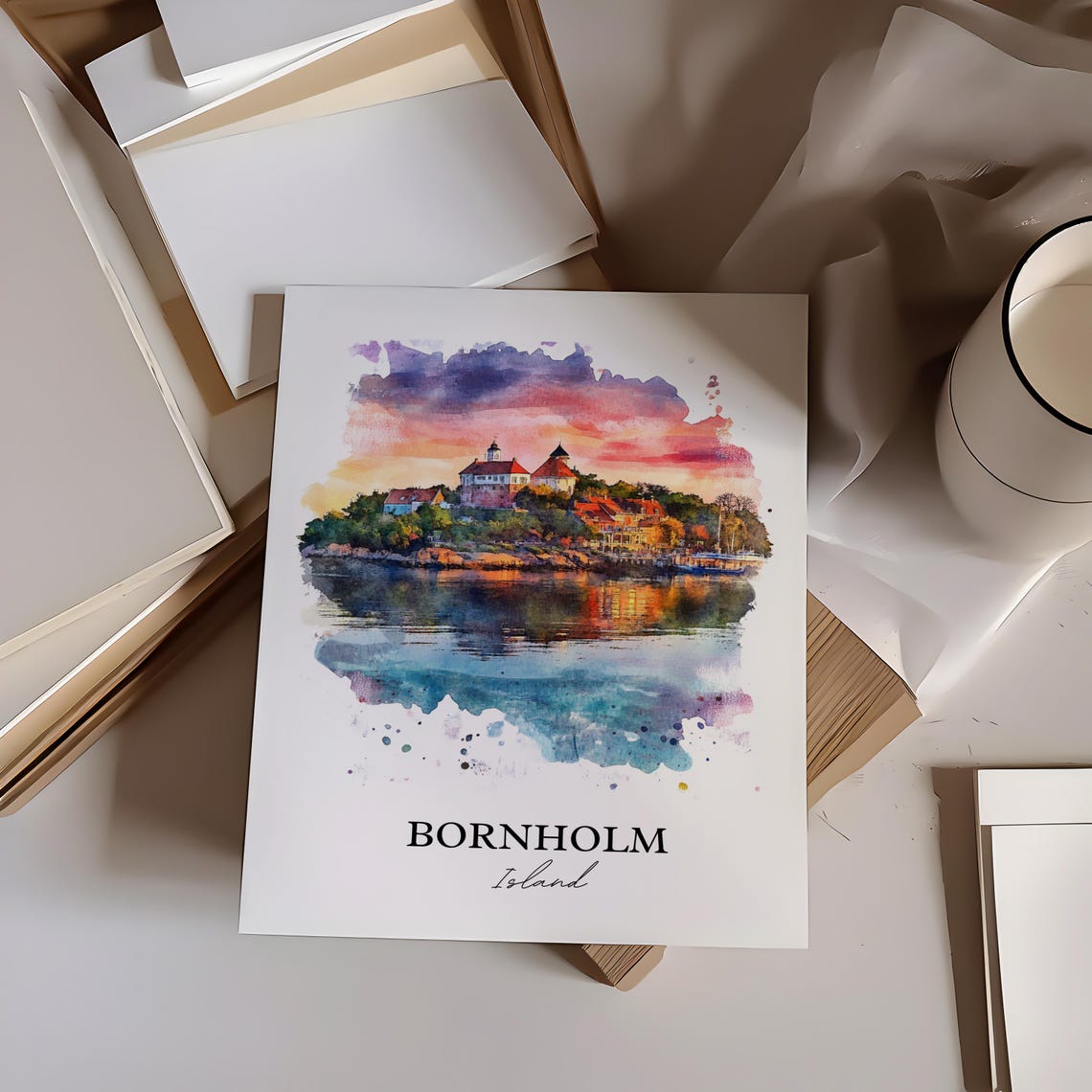 Bornholm Island Denmark Castle Sunset Harbor Watercolor Poster - Image 3