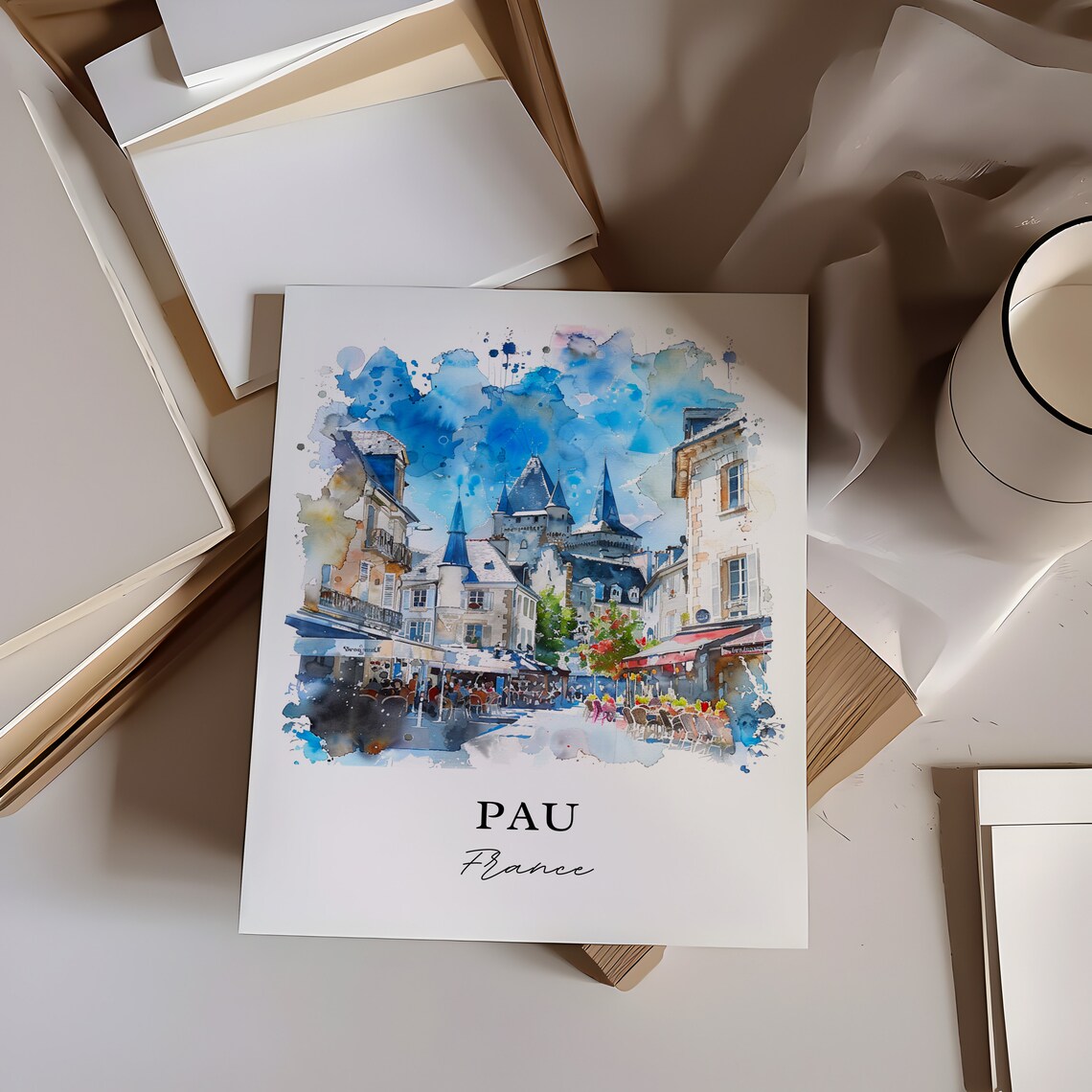 Pau France Watercolor Chateau Towers Street Cafe Scene Old Town Poster - Image 6