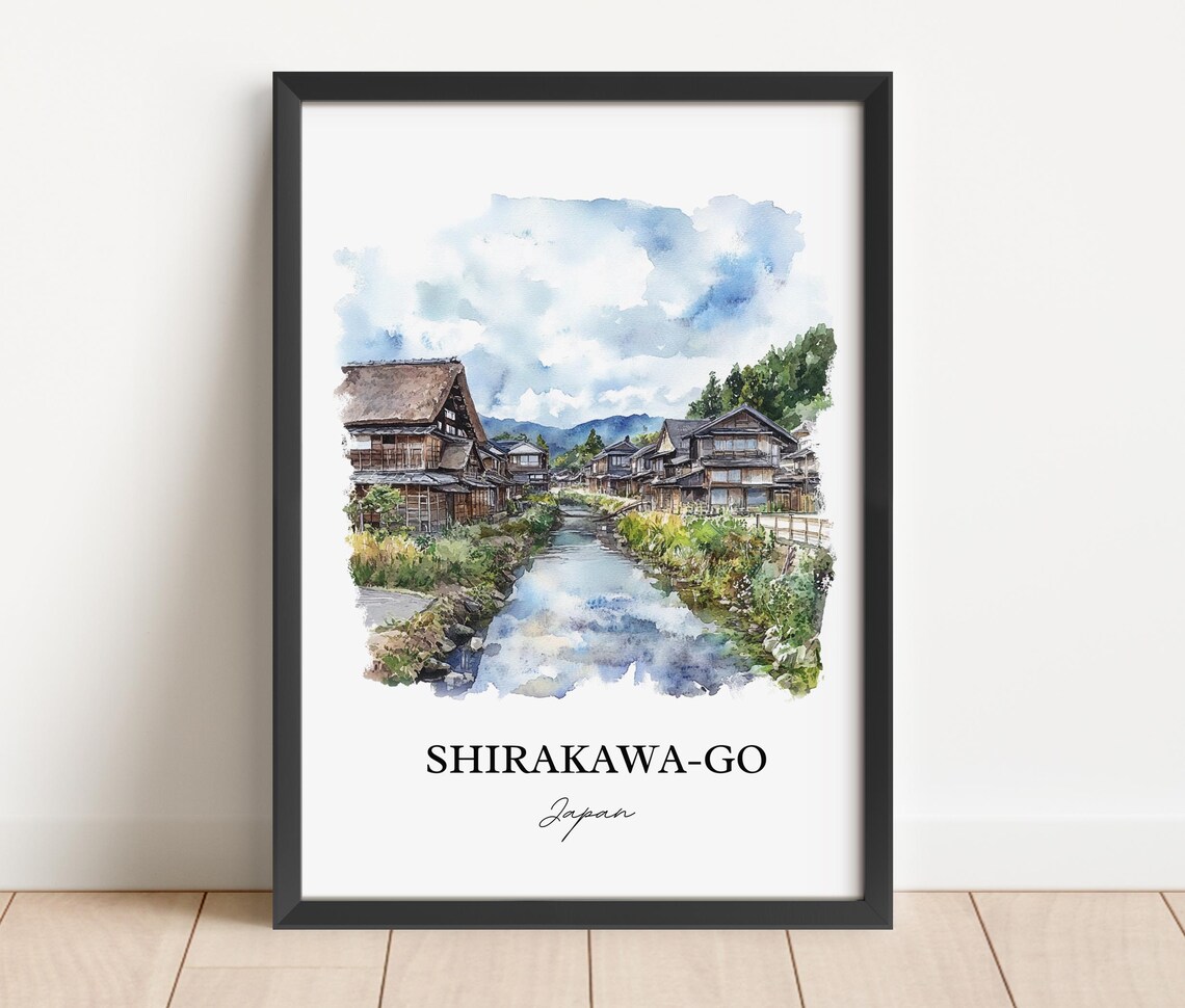 Shirakawa-go Japan Watercolor Thatched Village Canal Scene Poster - Image 4