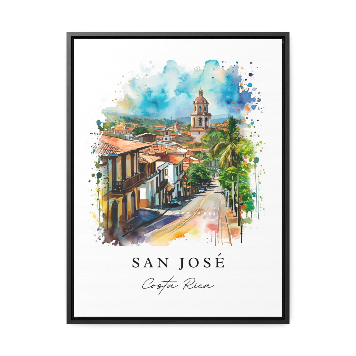 San Jose Costa Rica Watercolor Colonial Street Church Tower Poster - Image 2