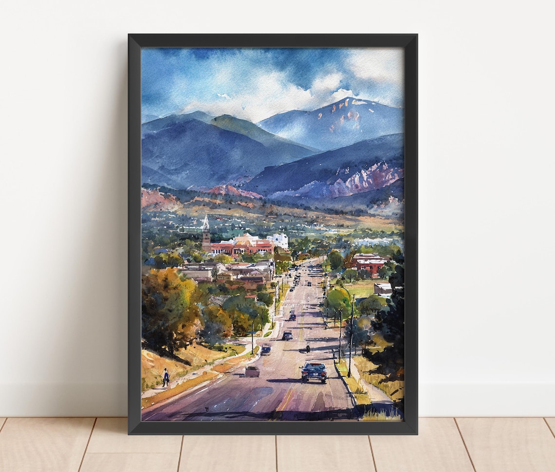 Colorado Springs Street Mountain View Watercolor City Travel Nature Poster