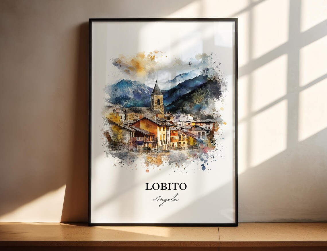Lobito Angola Mountain Village Church Watercolor Travel Poster