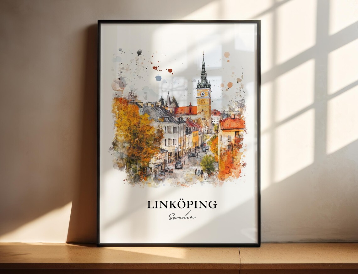 Linkoping Sweden Autumn Old Town Street Watercolor Travel Poster