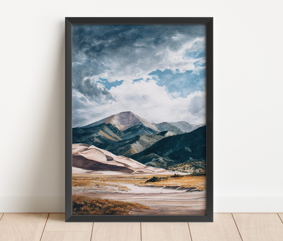 Great Sand Dunes Colorado Mountain Watercolor Desert Landscape Travel Poster