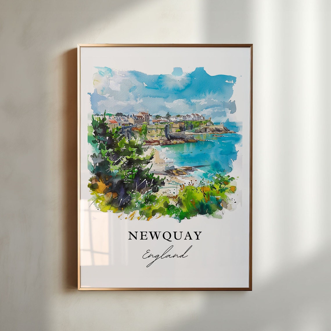 Newquay England Cornwall Coastal Cliffs Beach Watercolor Poster