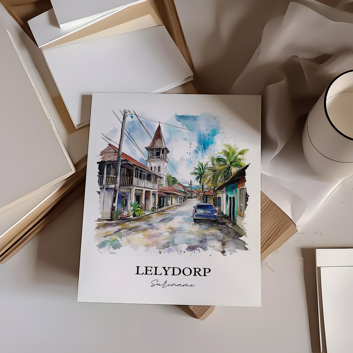 Lelydorp Suriname Church Street Watercolor Travel Art Poster - Image 4