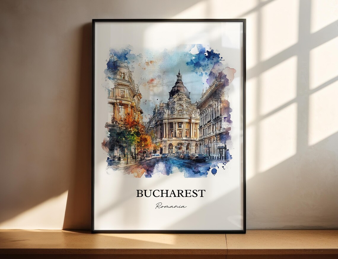 Bucharest Romania Watercolor Grand City Street Scene Travel Poster