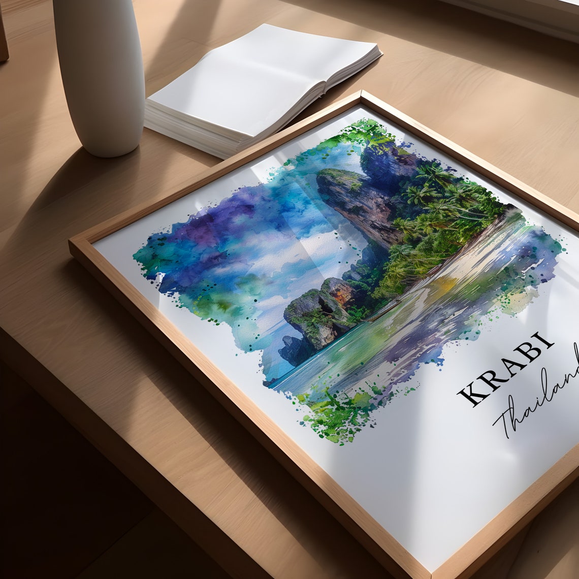 Krabi Thailand Watercolor Limestone Cliffs Beach Boat Scene Poster - Image 5