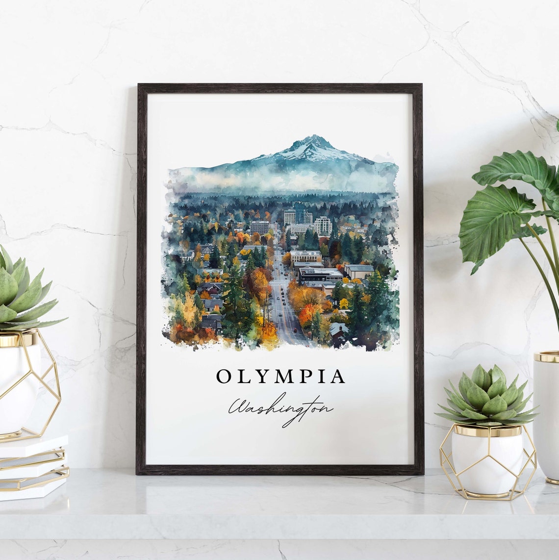 Olympia Washington Watercolor City Mountain Peak Evergreen View Poster - Image 3