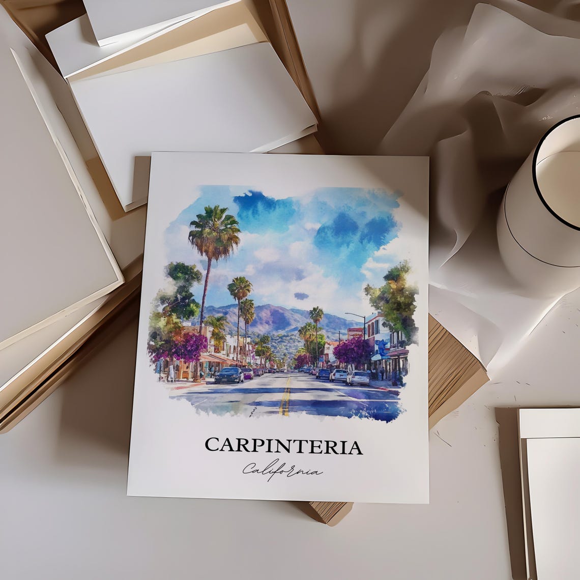 Carpinteria California Palm Lined Main Street Watercolor Poster - Image 2