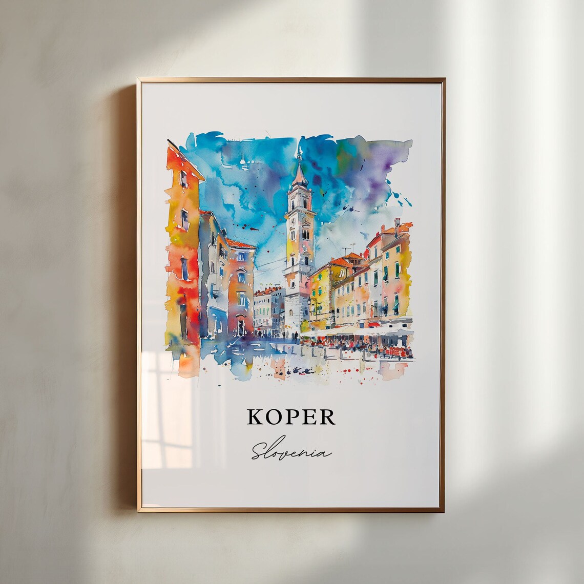 Koper Slovenia Colorful Plaza Bell Tower Watercolor Town Poster