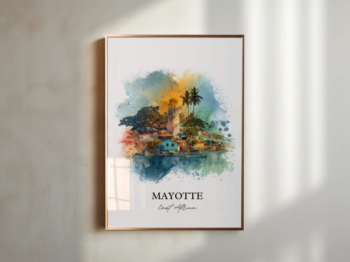 Mayotte East Africa Harbor Village Lighthouse Watercolor Poster - Image 6