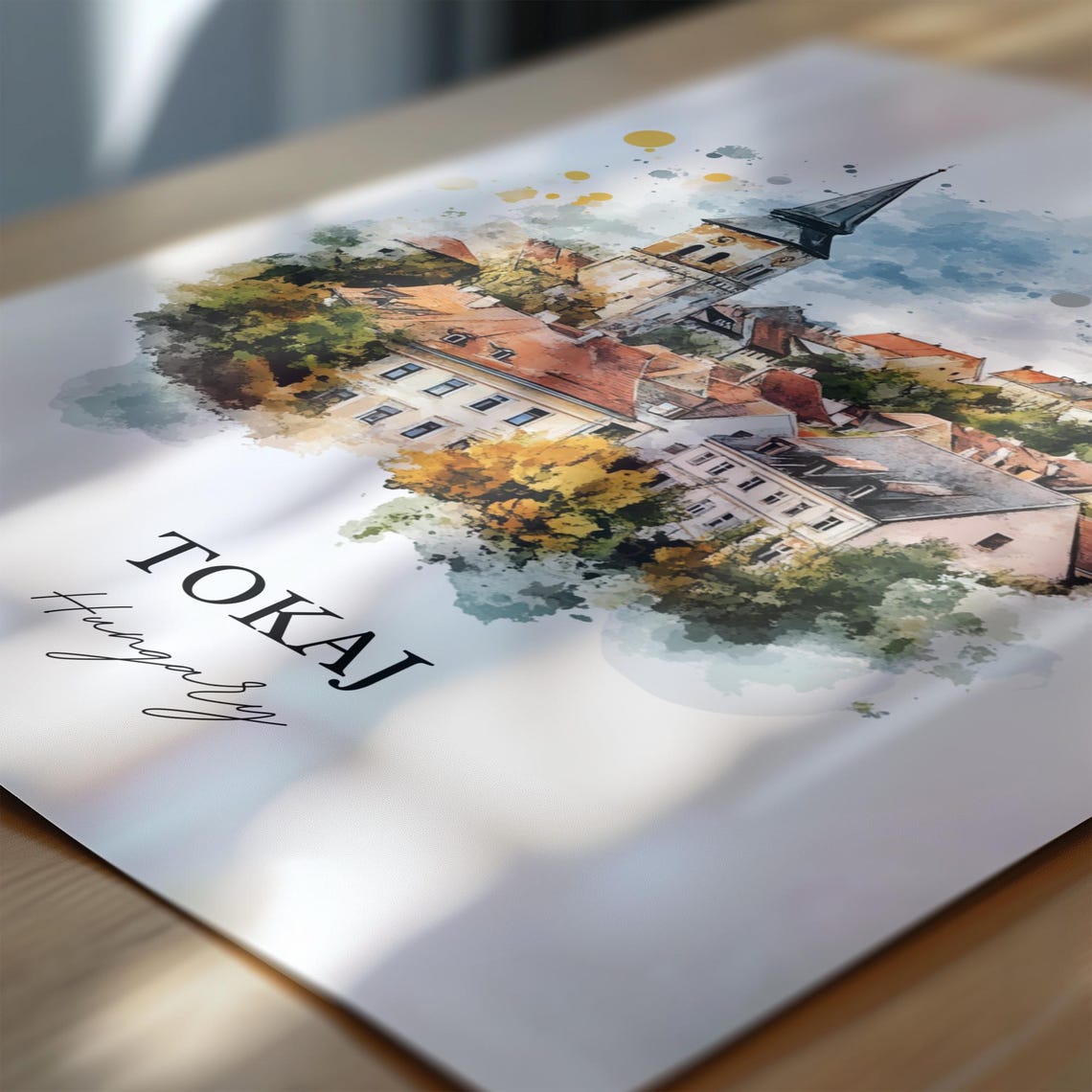 Tokaj Hungary Watercolor Church Tower Hillside Town View Poster - Image 6