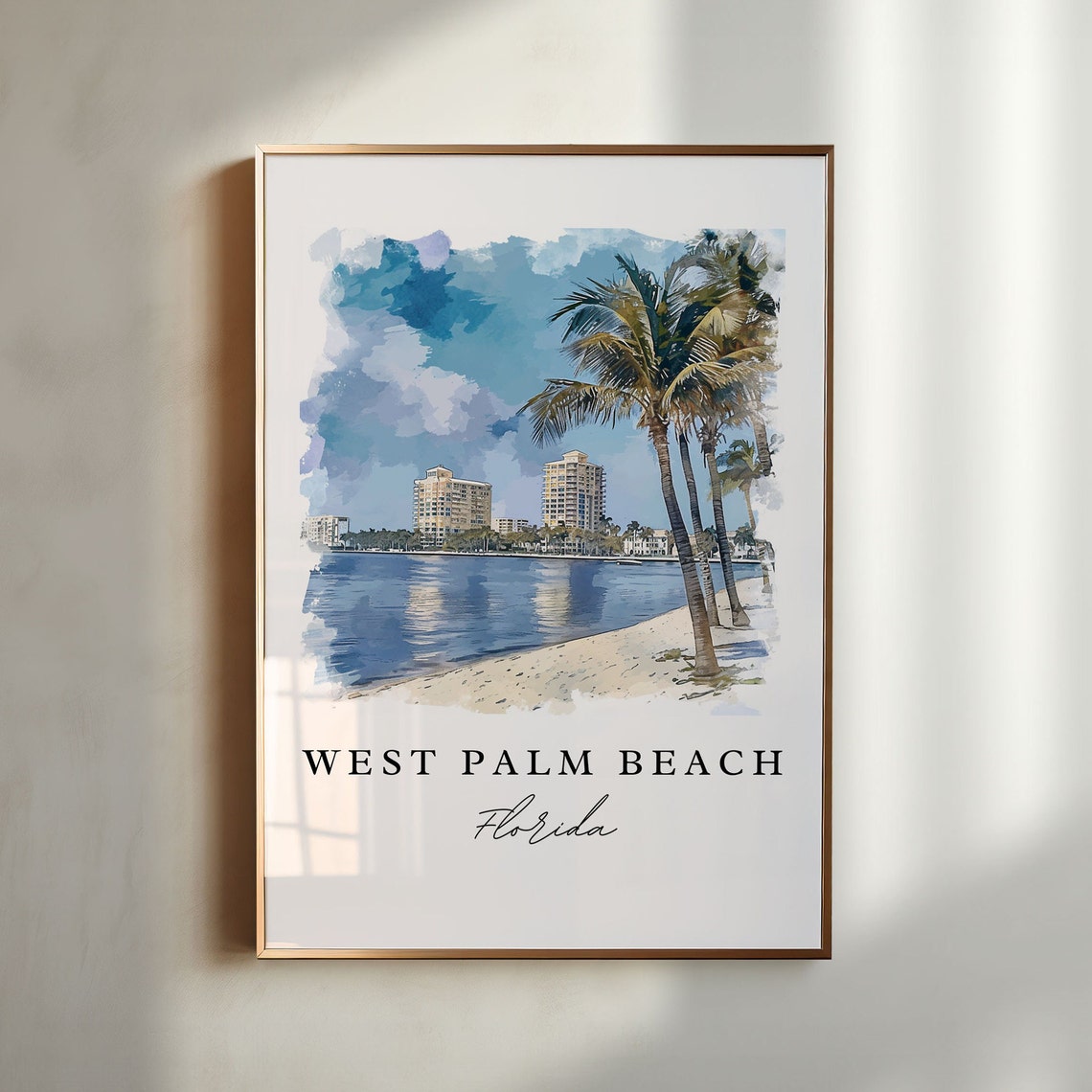 West Palm Beach Florida Palms Skyline Watercolor Travel Poster