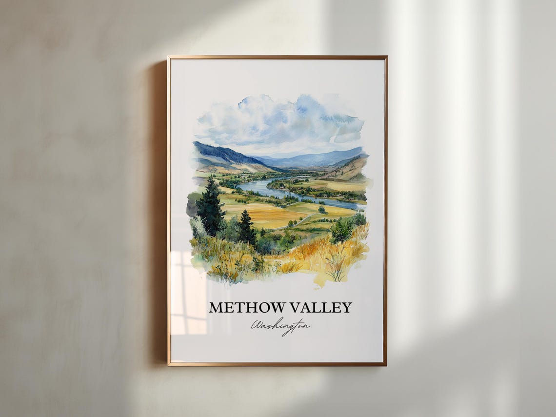 Methow Valley Washington Golden Fields River Valley Watercolor Poster - Image 3