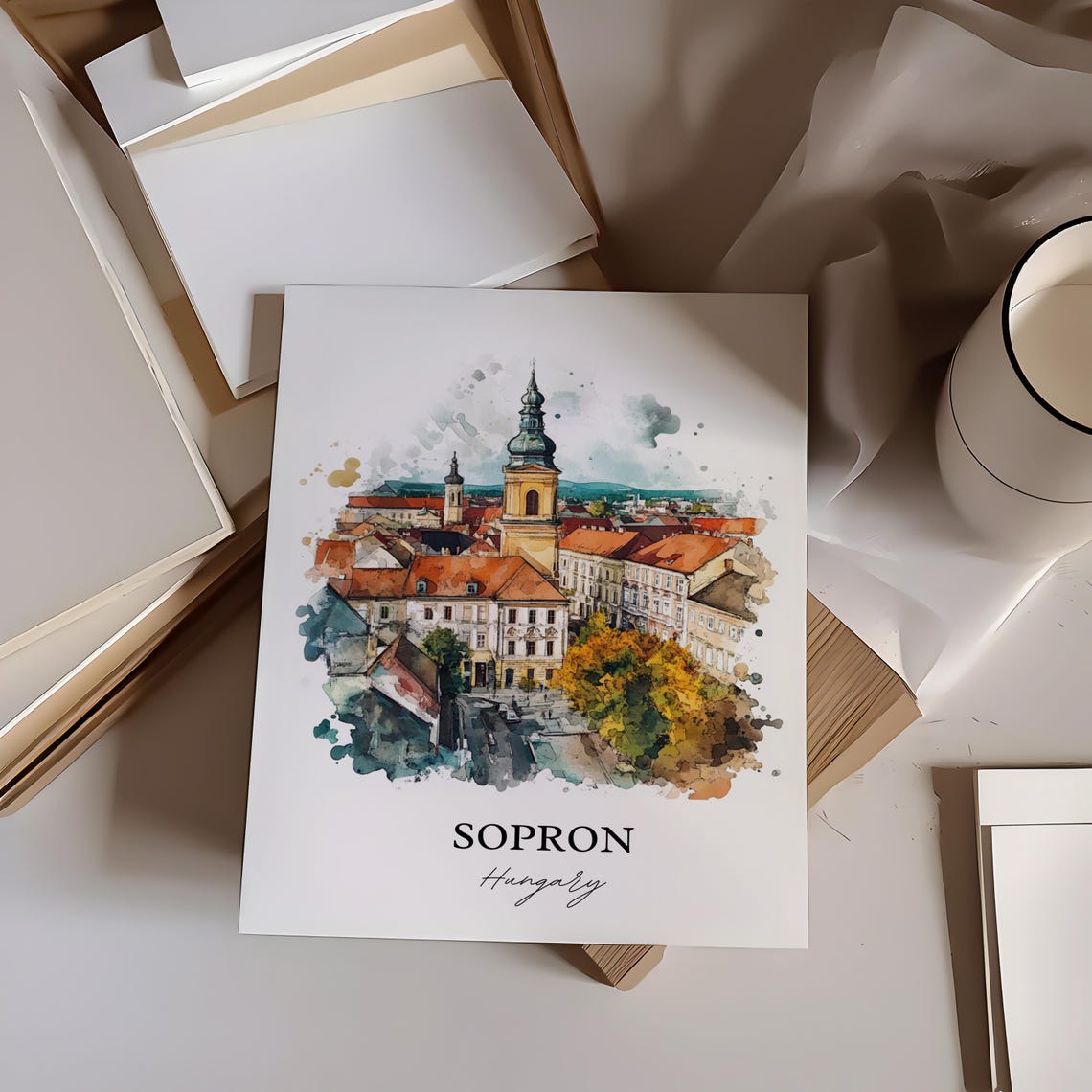 Sopron Hungary Watercolor Church Tower Old Town Red Roofs View Poster - Image 4