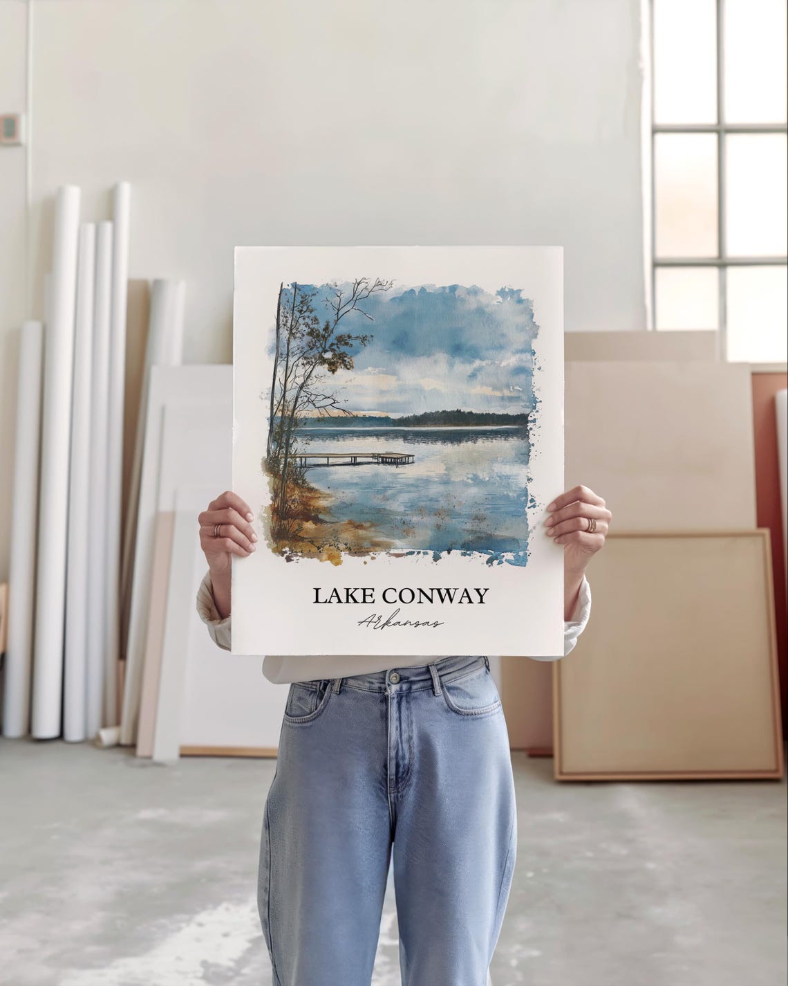 Lake Conway Arkansas Wooden Dock Autumn Watercolor Lake Poster - Image 5