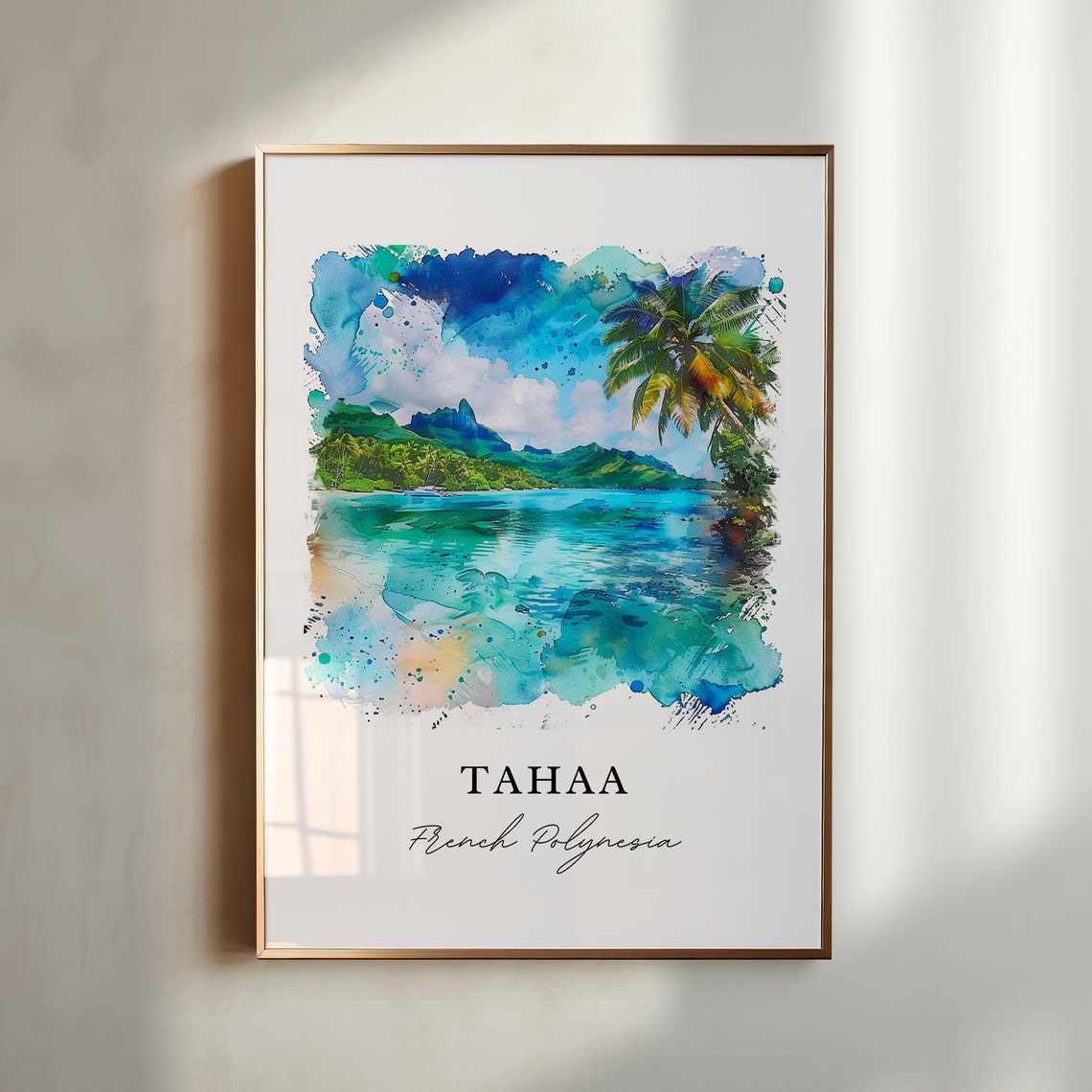 Tahaa French Polynesia Lagoon Palm Trees Watercolor Island Poster