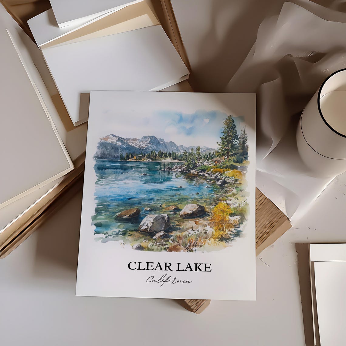 Clear Lake California Alpine Shoreline Pine Watercolor Lake Poster - Image 2