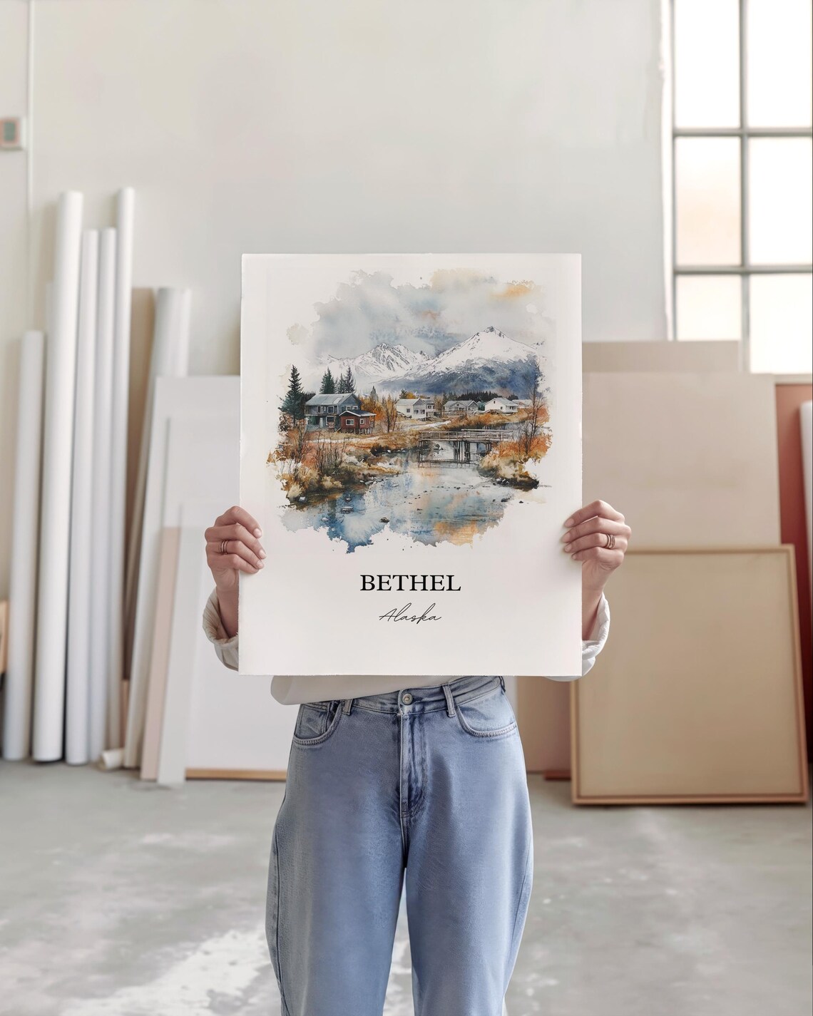 Bethel Alaska Riverside Village Snowy Mountains Watercolor Poster - Image 5