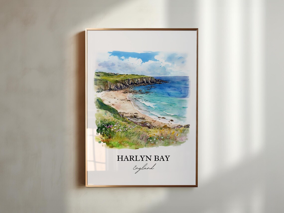 Harlyn Bay England Watercolor Beach Cliffs Turquoise Sea Coast Poster - Image 3