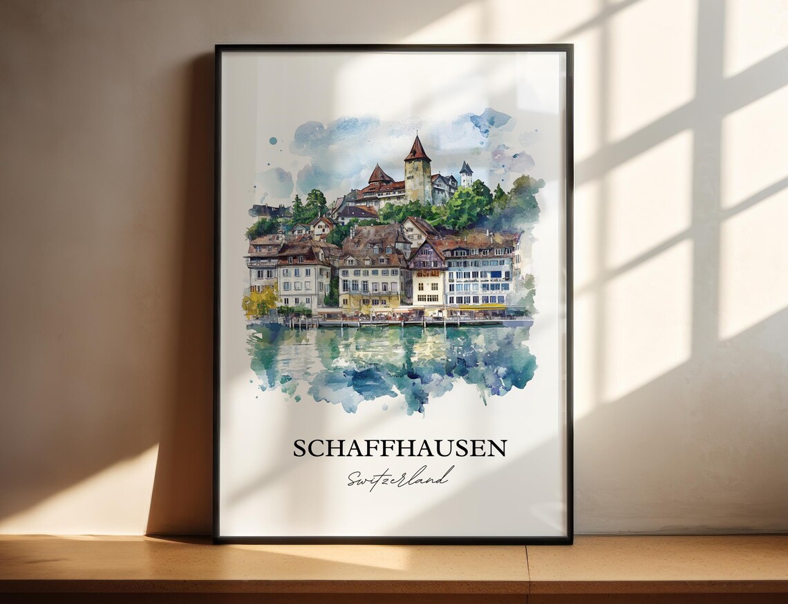 Schaffhausen Switzerland Riverside Castle Watercolor Old Town Poster