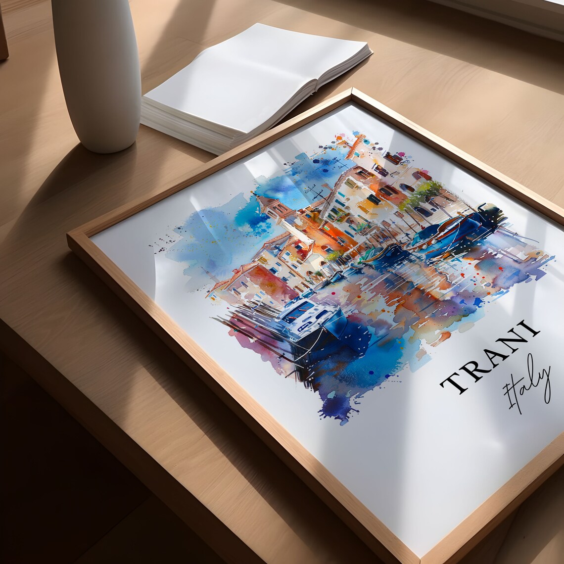Trani Italy Apulia Harbor Boats Watercolor Coastal Town Poster - Image 5