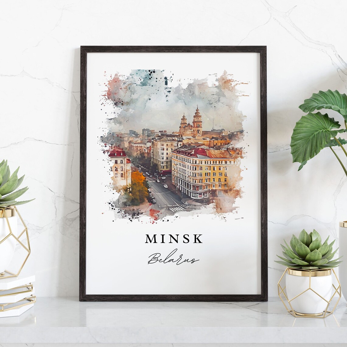 Minsk Belarus Historic City Skyline Streetscape Watercolor Poster - Image 3