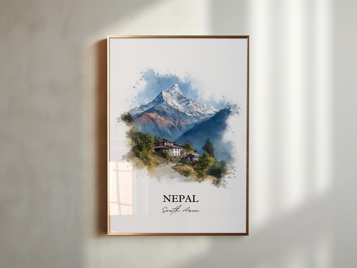Nepal South Asia Himalayan Peak Mountain Village Watercolor Poster - Image 5