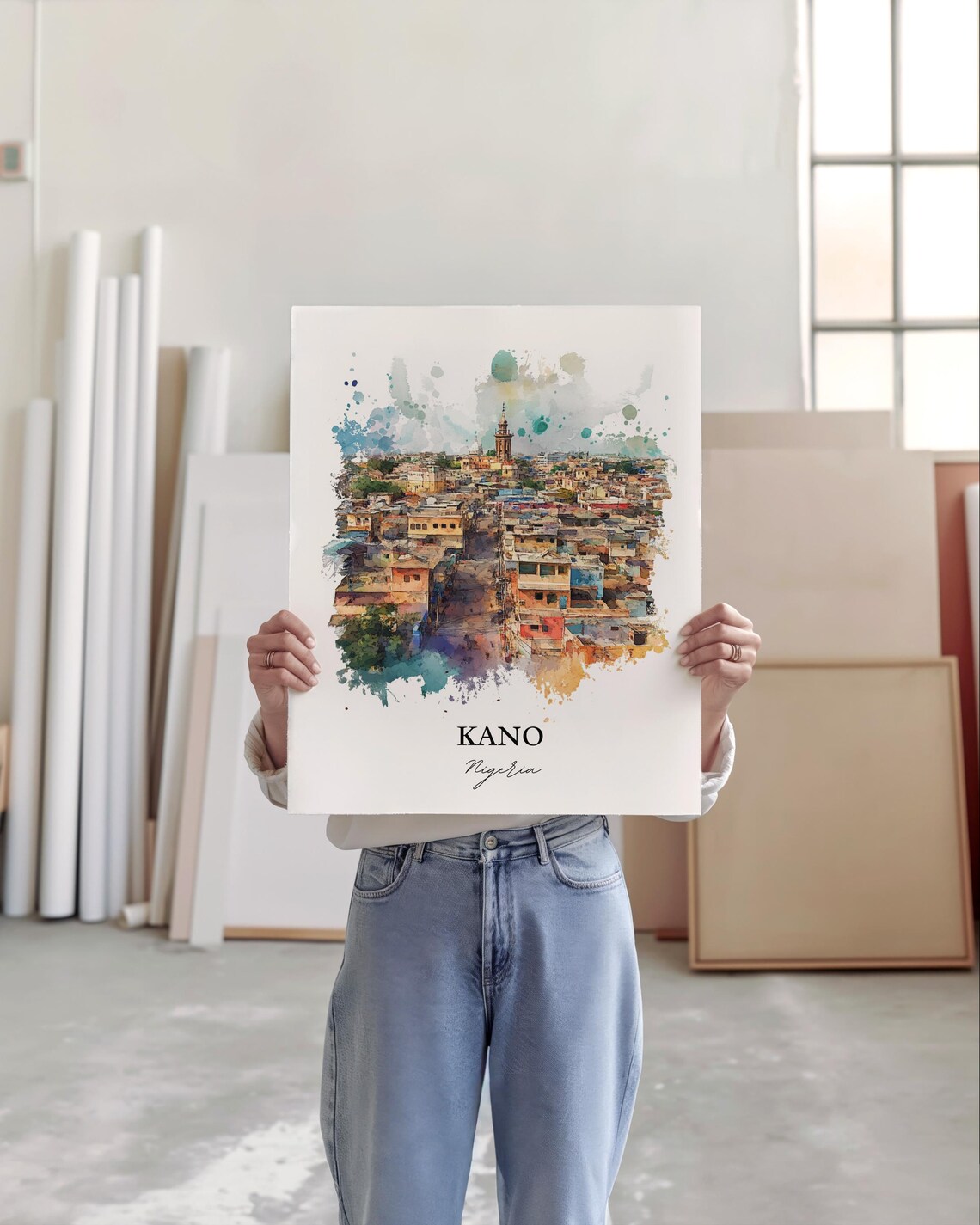 Kano Nigeria Ancient City Watercolor Aerial View Travel Art Poster - Image 5