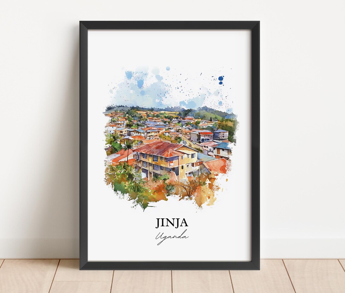 Jinja Uganda Hillside Town Aerial Watercolor Travel Art Poster - Image 7