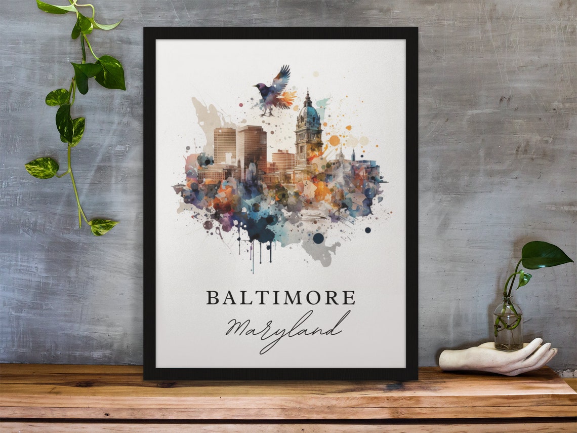 Baltimore Maryland Watercolor Skyline Harbor Cityscape Birds Poster
