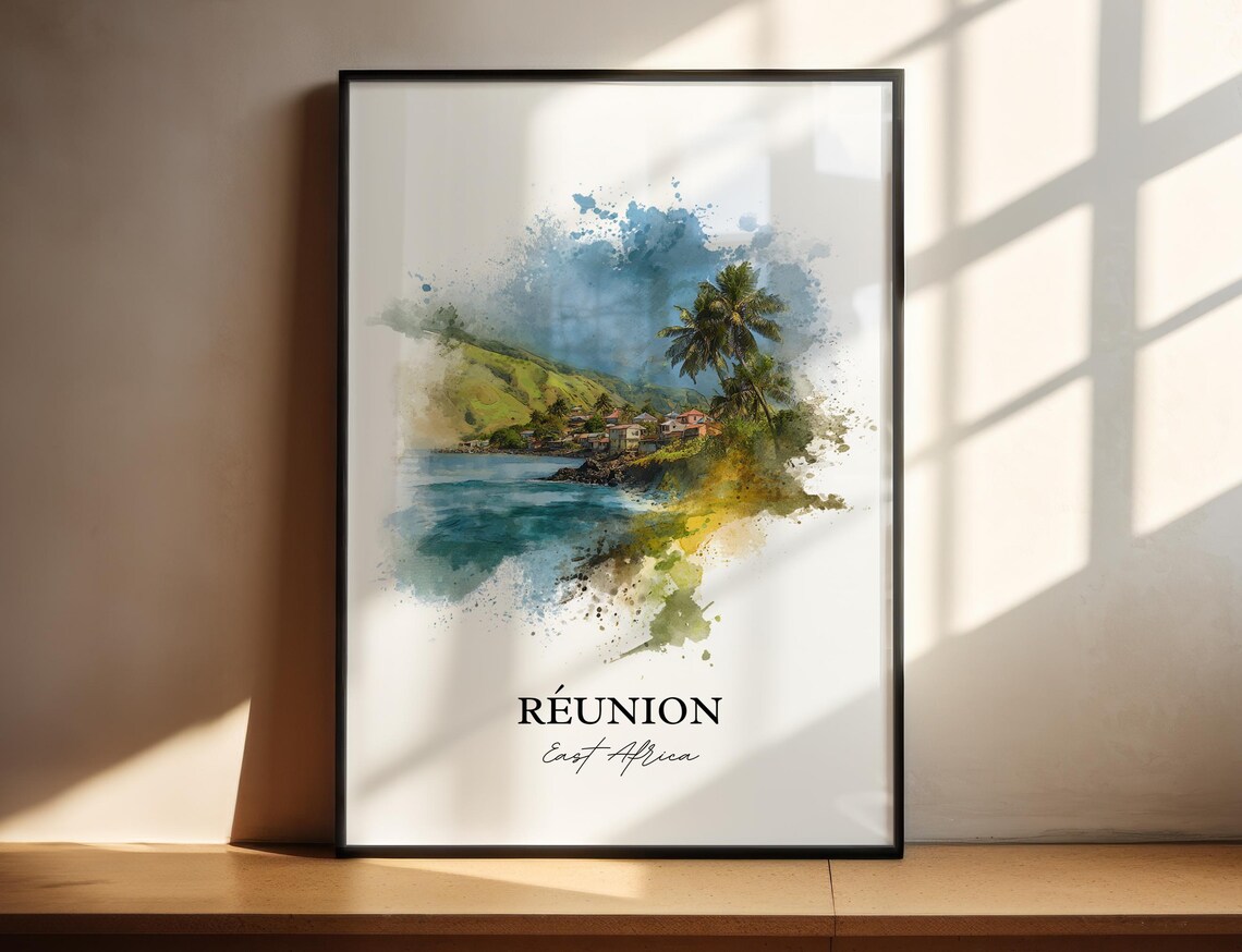 Reunion Island East Africa Tropical Coastal Village Watercolor Poster