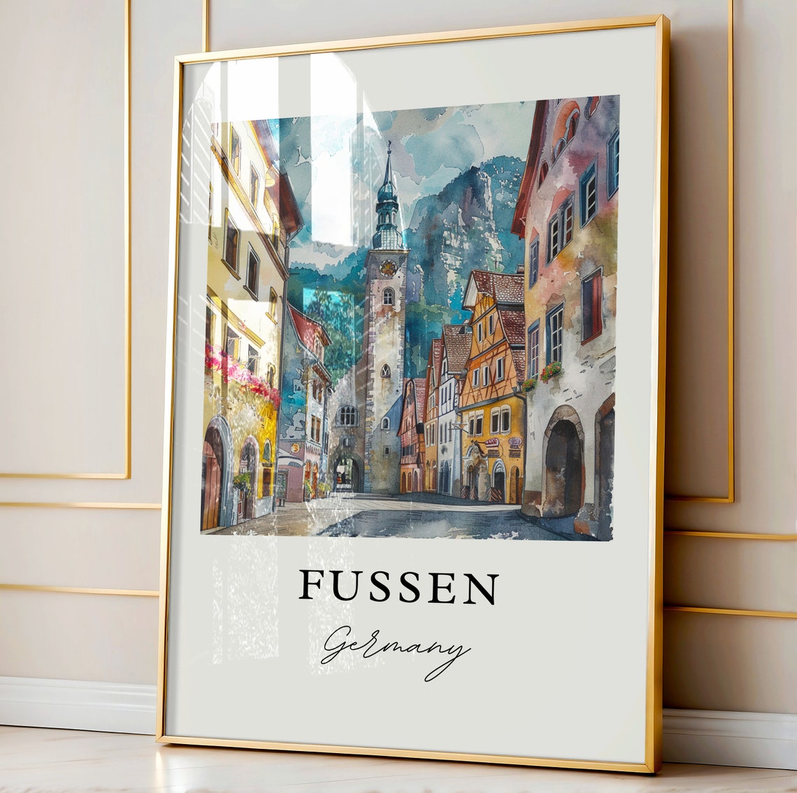 Fussen Germany Watercolor Old Town Clock Tower Mountains Poster - Image 3
