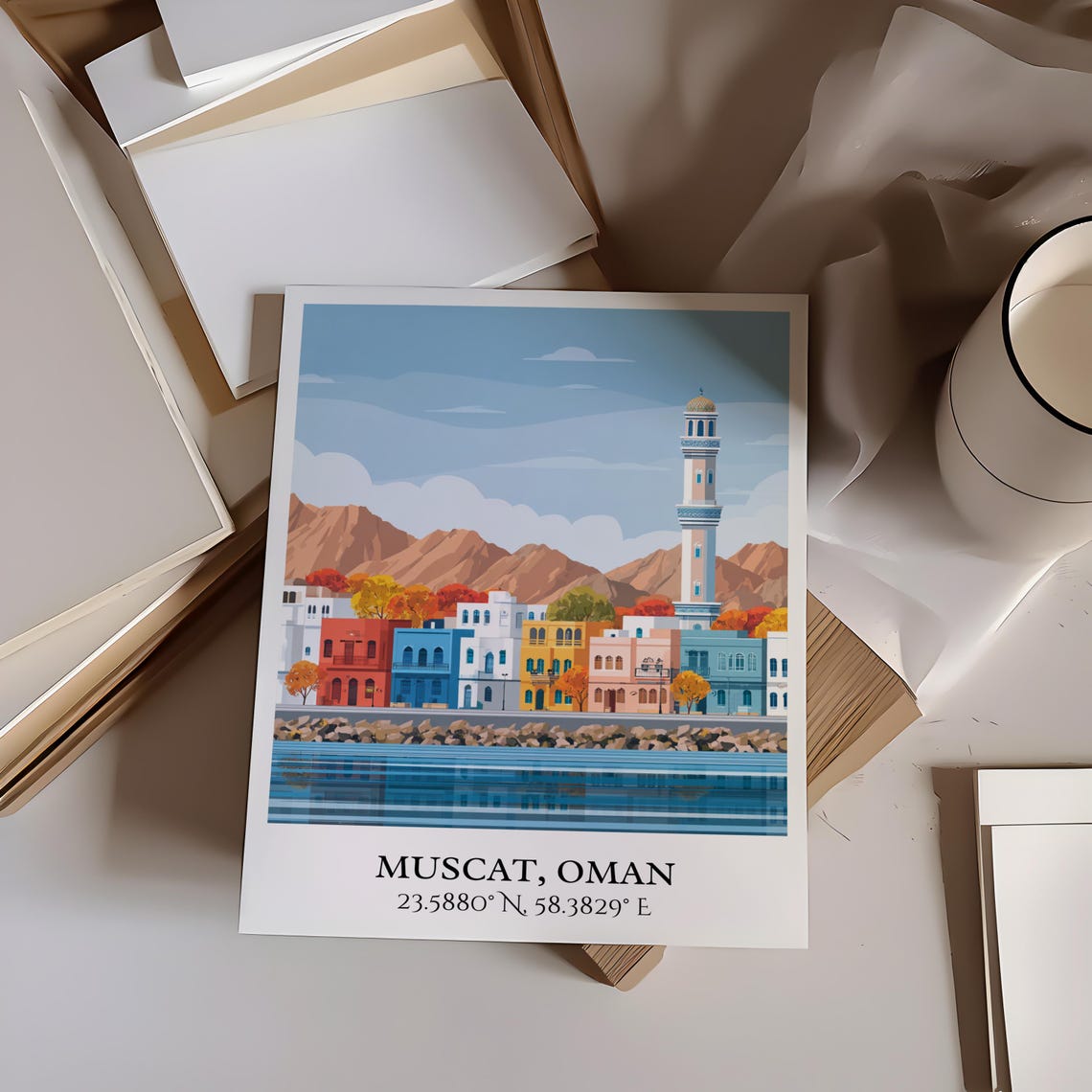 Muscat Oman Waterfront Corniche Minaret Mountain Travel Poster - Image 3
