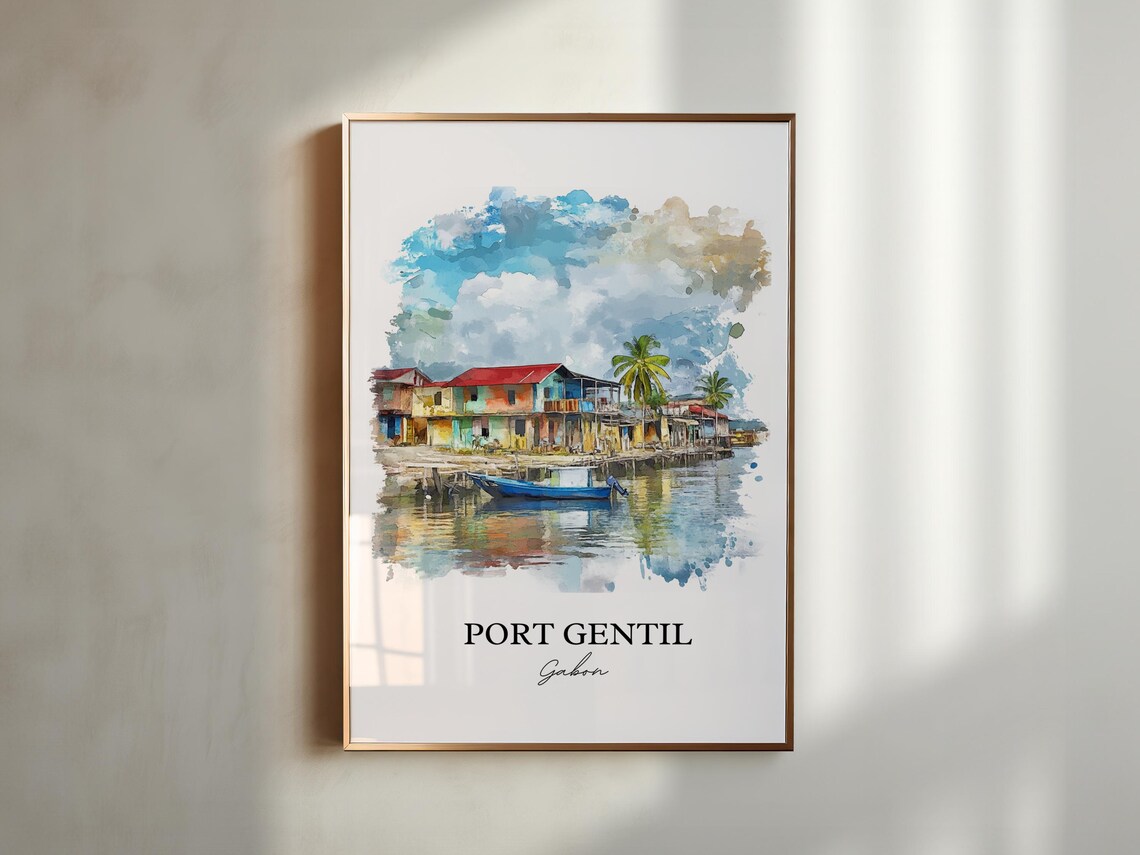 Port Gentil Gabon Waterfront Stilt Houses Watercolor Art Poster - Image 6