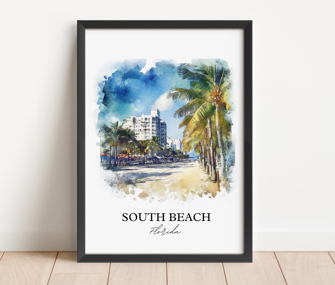 South Beach Florida Palm Trees Art Deco Watercolor Beach Poster - Image 4