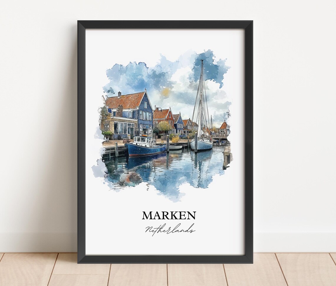 Marken Netherlands Fishing Harbor Boats Watercolor Travel Poster - Image 3