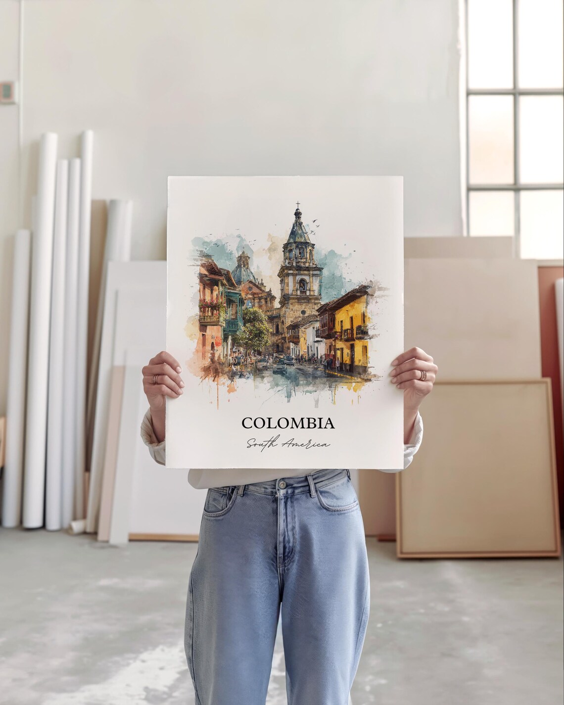 Colombia Watercolor Colonial Old Town Cathedral Street Travel Poster - Image 4