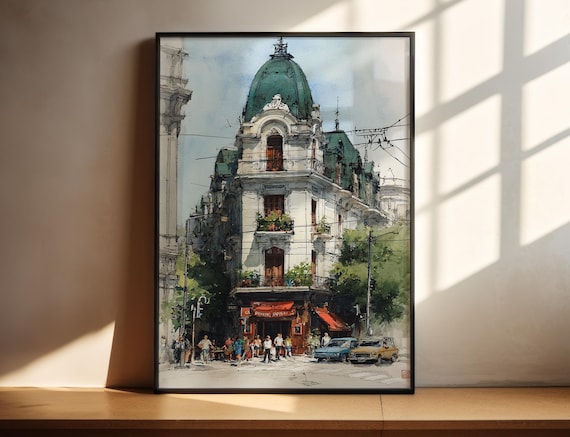 Ornate Domed Corner Building Historic City Street Watercolor Poster
