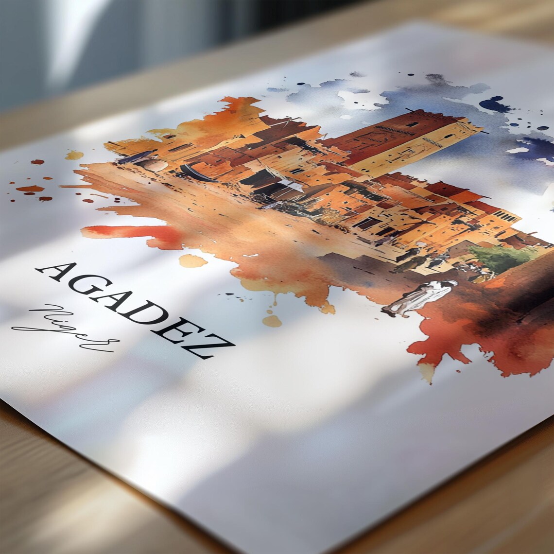 Agadez Niger Watercolor Desert Oasis Town Minaret Travel Poster - Image 7