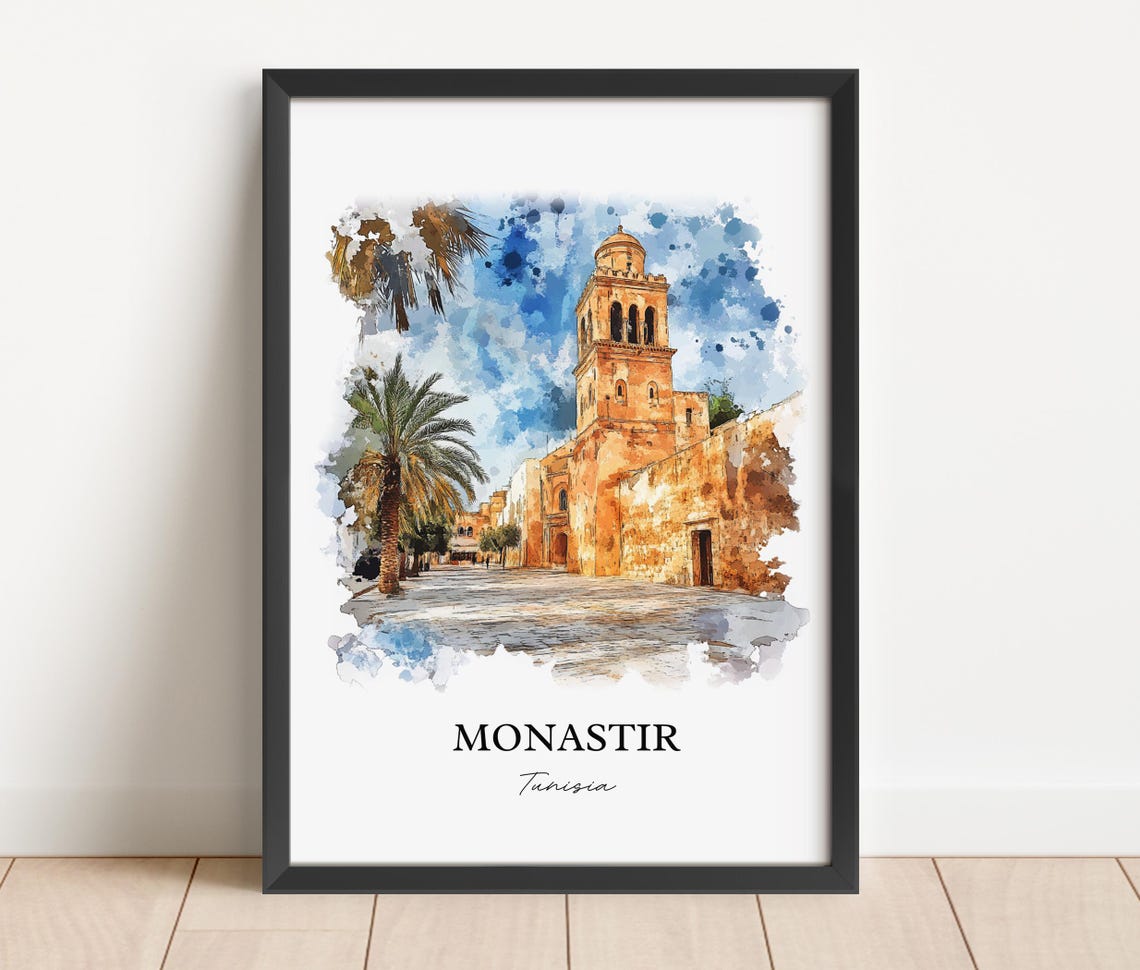Monastir Tunisia Historic Mosque Palm Trees Watercolor Travel Poster - Image 3