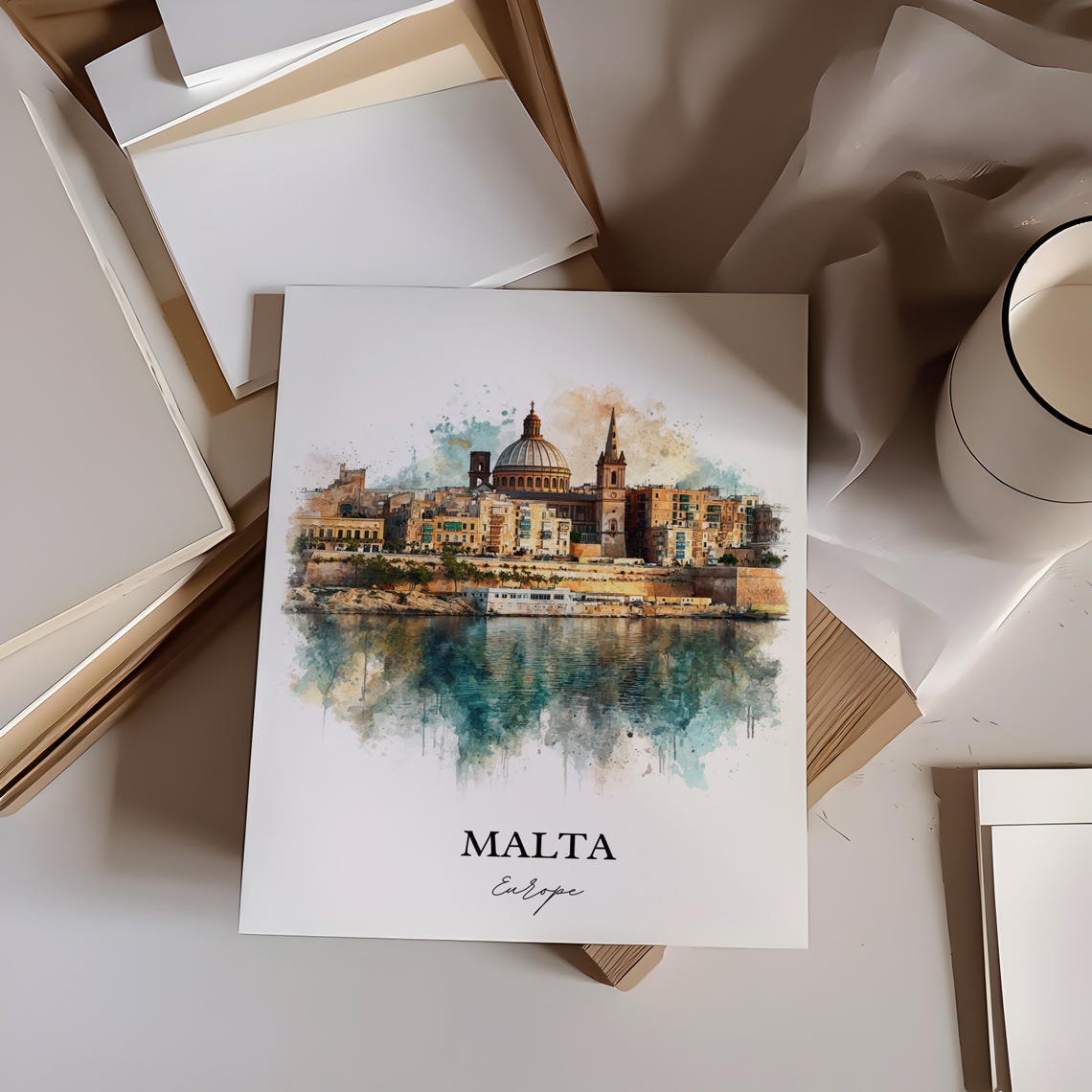 Malta Historic Harbor Skyline Watercolor Europe Travel Poster - Image 4