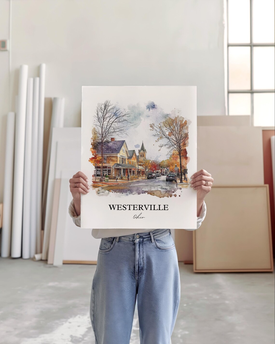 Westerville Ohio Watercolor Autumn Small Town Street Scene Poster - Image 5